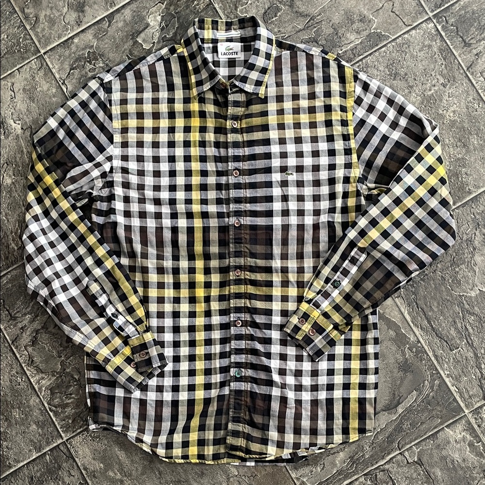 LACOSTE Plaid Black White Yellow Button-up Shirt | Preppy Coastal Cottagecore